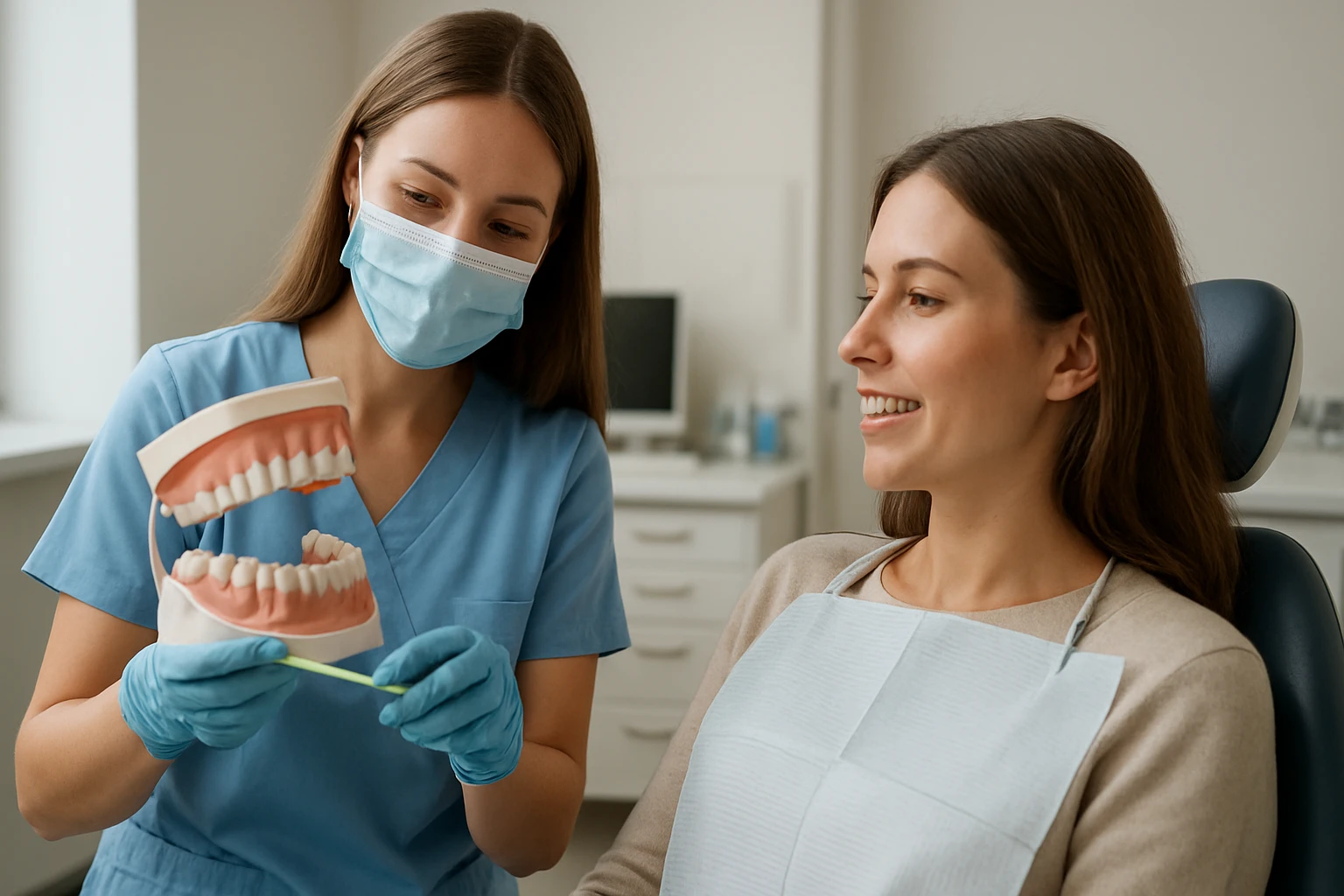 Zubná hygienička ukazuje pacientke model zubov v ordinácii.