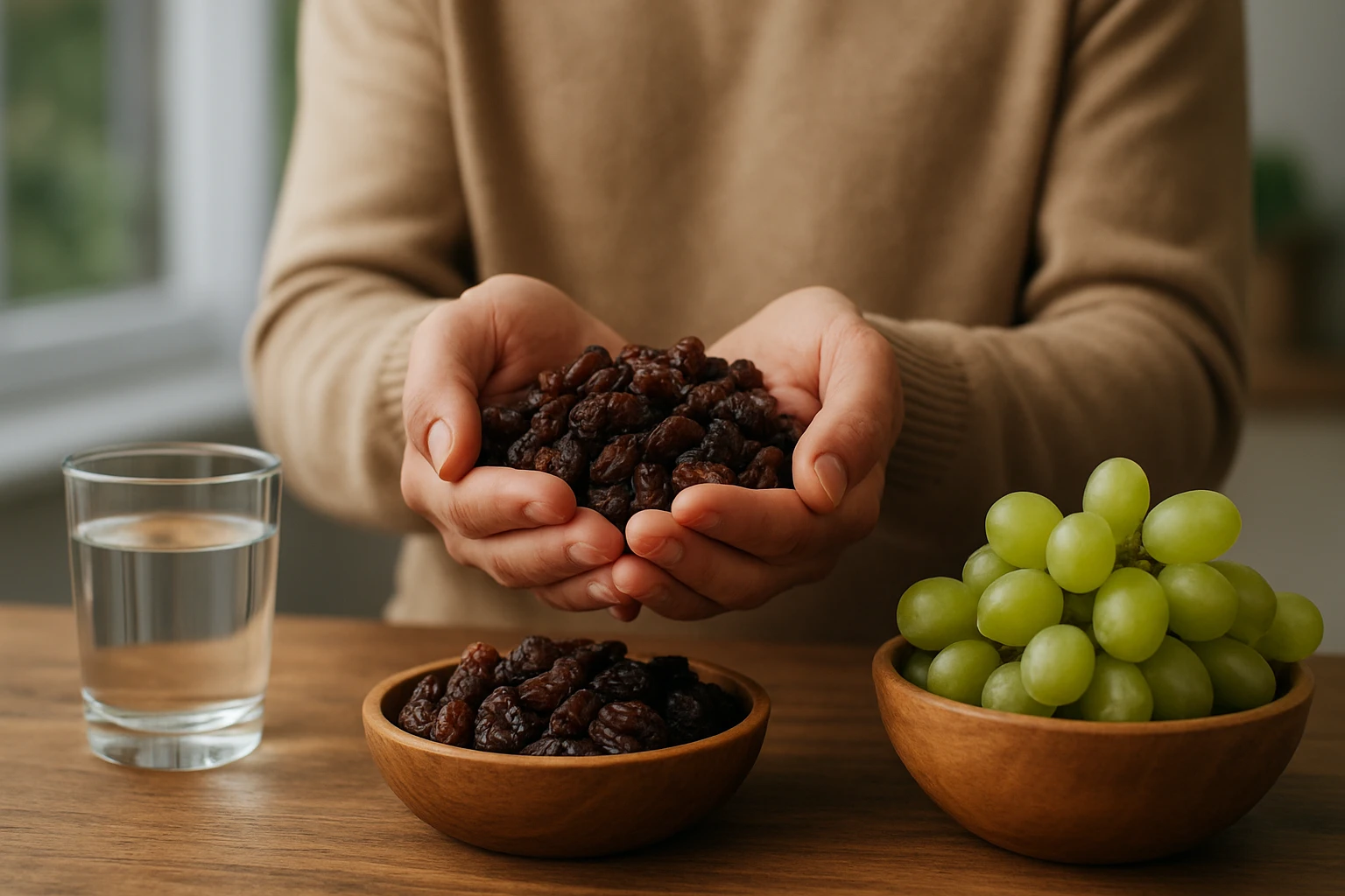 Osoba držiaca hrozienka s miskami hrozienok a hrozna vedľa.