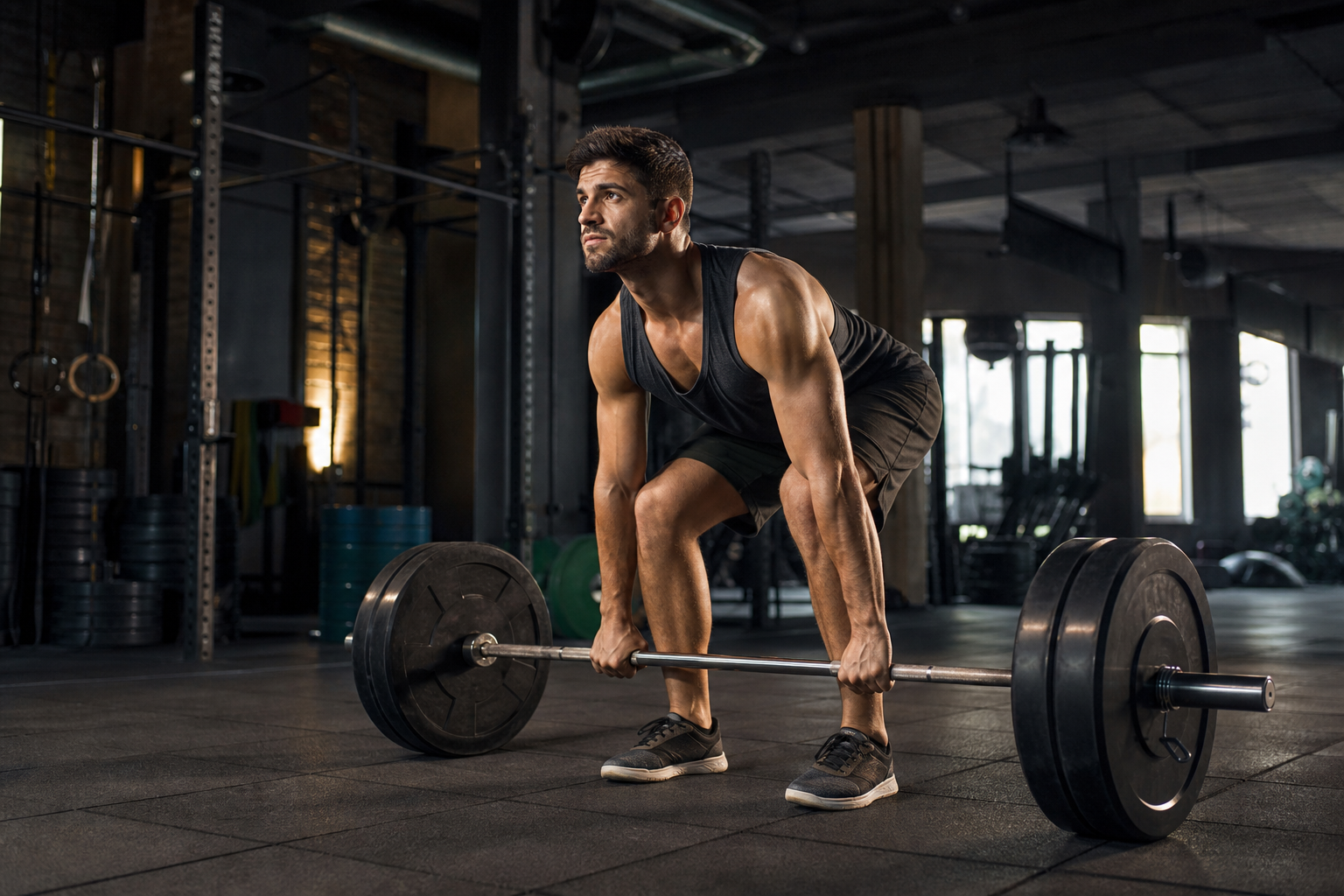 Muž zdvihajúci činku v modernom fitnes centre
