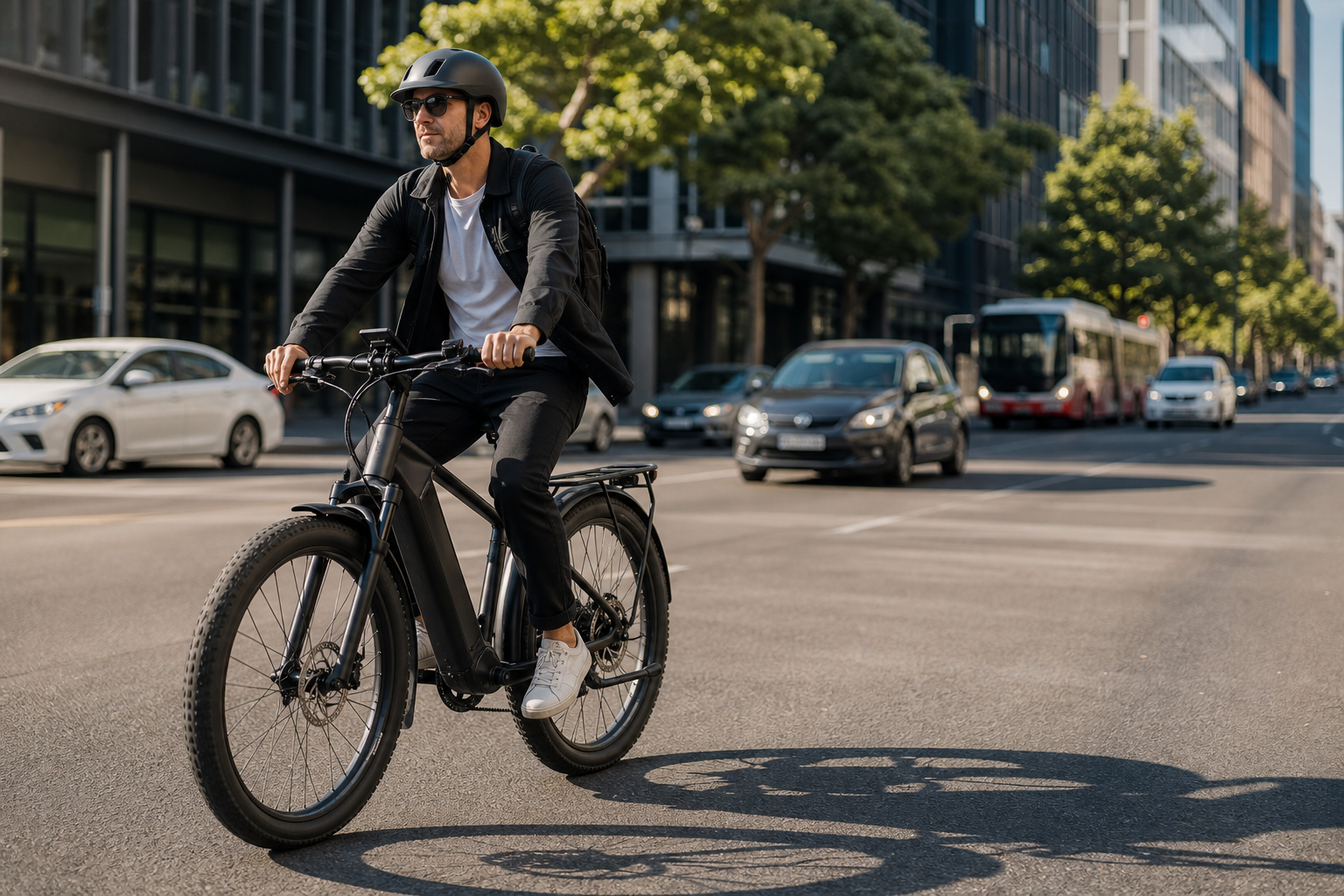 Muži na elektrickom bicykli v premávke so vzorným plynovým pedálom