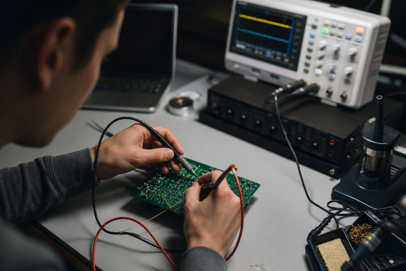 Muž pracujúci na elektronickej doske s tranzistorom v laboratóriu