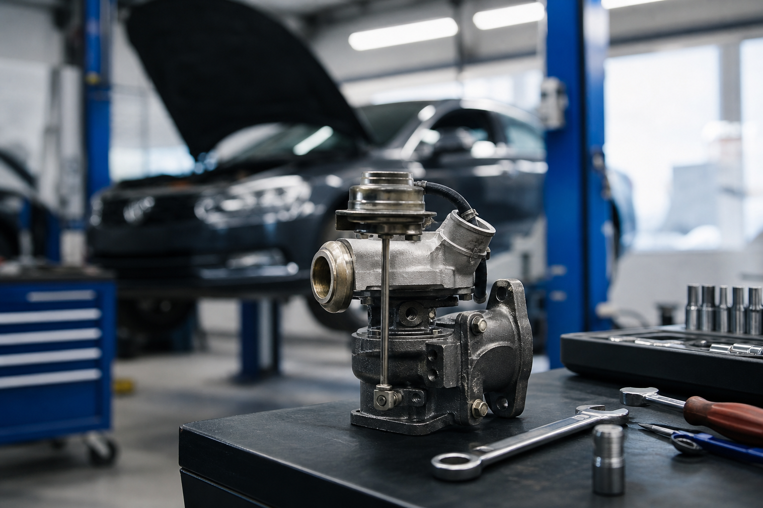Regulátor turba v auto servise s automobilom v pozadí