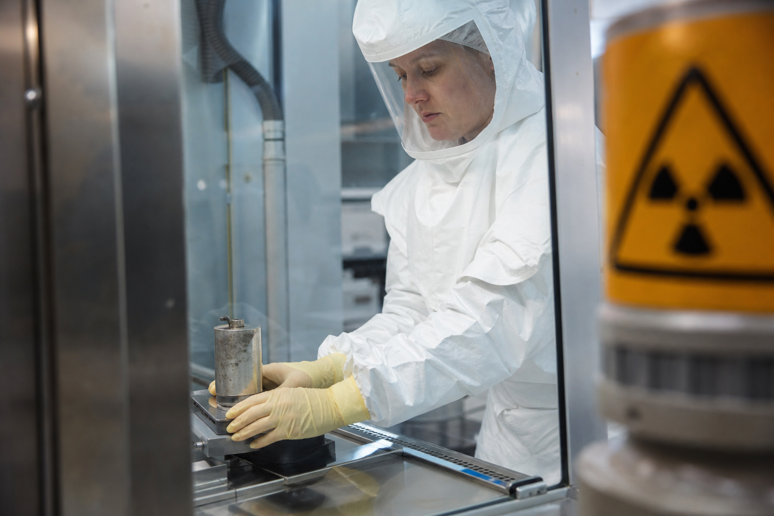 Pracovník v ochrannom obleku manipuluje s materiálom v laboratóriu s alfa žiarením.
