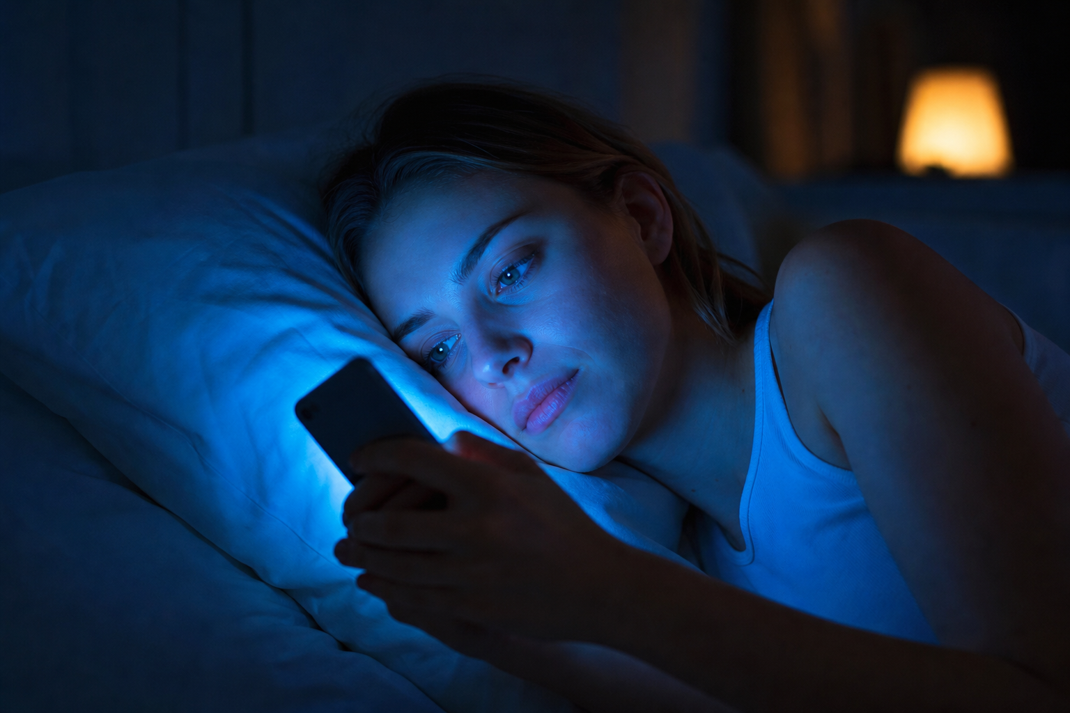 Žena sleduje mobilný telefón vyžarujúci modré svetlo v noci.