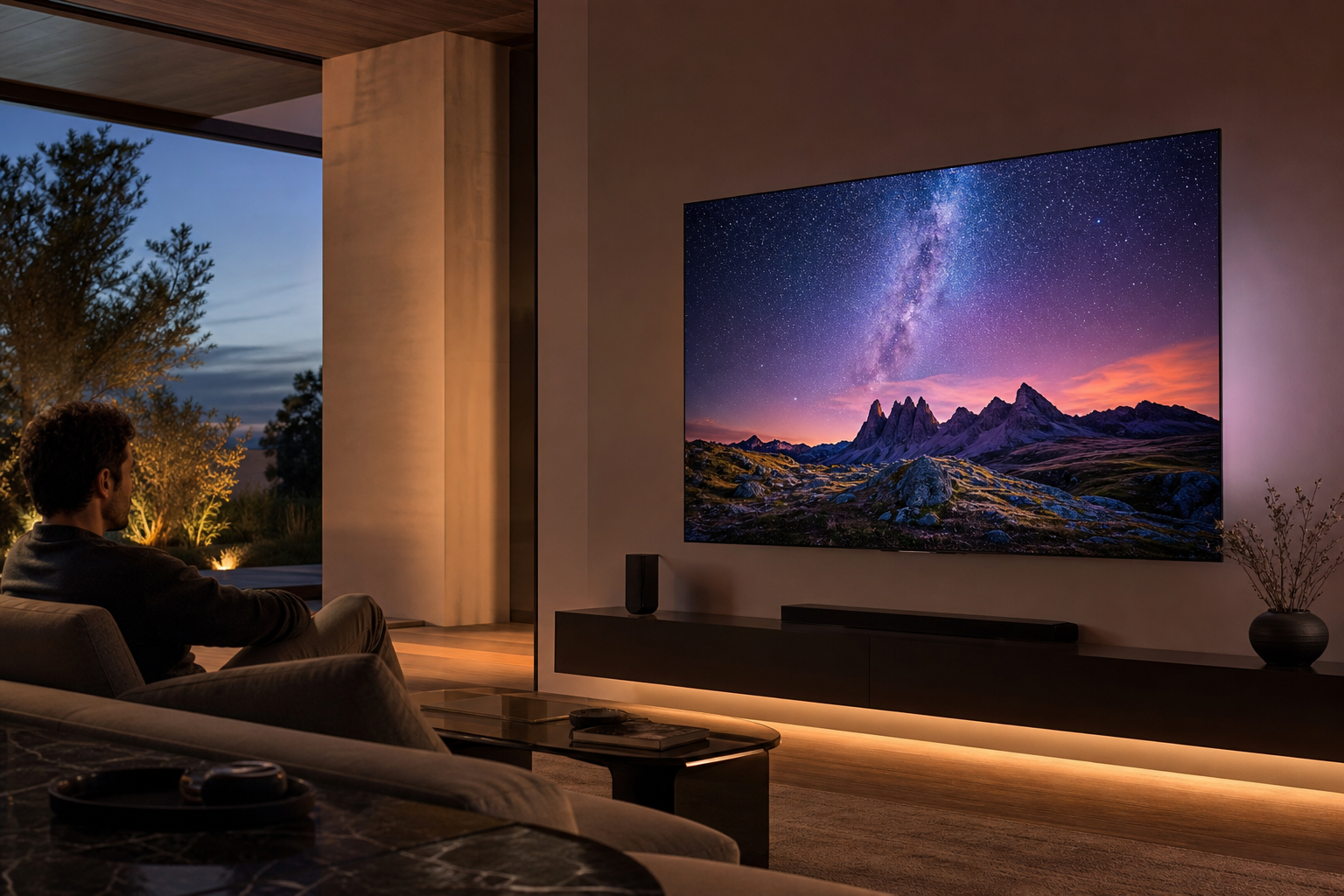 Moderný OLED televízor so zobrazením nočnej oblohy a hôr