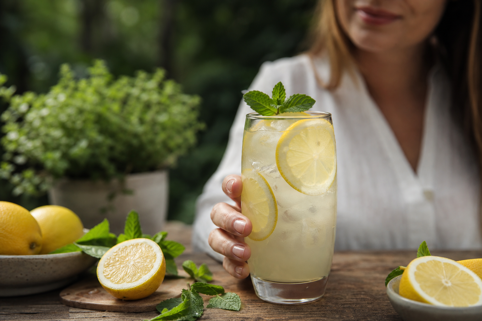 Osviežujúca limonáda s citrónom a mätou v sklenenom pohári.