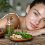 Ženská s krásnou pleťou, prírodné ingrediencie a esenciálne oleje