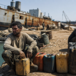 Suez workers surrounded by fuel canisters near a shipyard