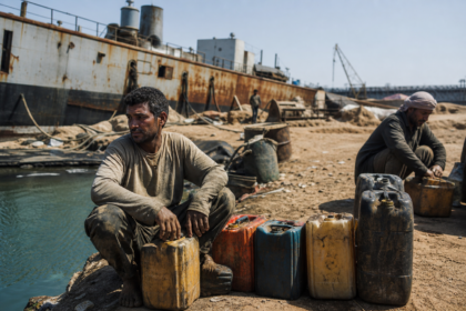 Suez workers surrounded by fuel canisters near a shipyard