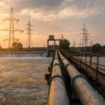 Ropovod a elektrické vedenie pri západe slnka