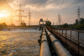 Ropovod a elektrické vedenie pri západe slnka