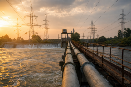 Ropovod a elektrické vedenie pri západe slnka