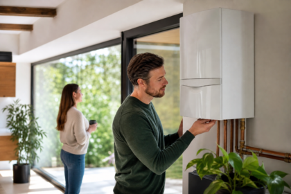 Muž nastavuje elektrický kotol v modernom interiéri.