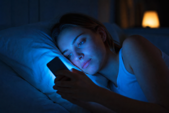 Žena sleduje mobilný telefón vyžarujúci modré svetlo v noci.