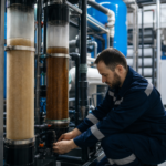 Technik kontroluje systém ionomeničovej živice na čistenie vody.