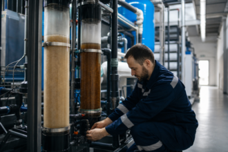 Technik kontroluje systém ionomeničovej živice na čistenie vody.