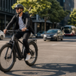 Muži na elektrickom bicykli v premávke so vzorným plynovým pedálom