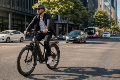 Muži na elektrickom bicykli v premávke so vzorným plynovým pedálom