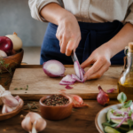Žena krája cibuľu na doske s bylinkami a sezónnymi ingredienciami