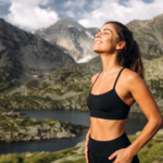 Žena cvičí na horskej lúke, podporuje energiu a vitalitu.
