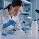 Vedkyňa skúma AM prášok v laboratóriu na analýzu.