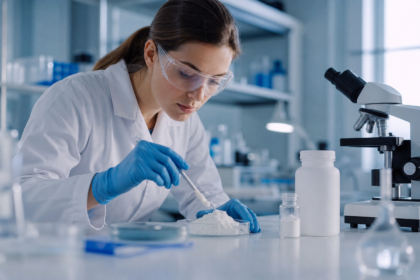 Vedkyňa skúma AM prášok v laboratóriu na analýzu.