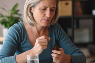 Žena užívajúca vitamin B komplex na zlepšenie zdravia nervov.