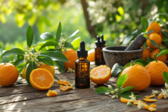 Citrus Aurantium s olejčekmi a pomarančmi na drevenom stole