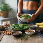 Healthy foods rich in magnesium including spinach, nuts, and fruits.
