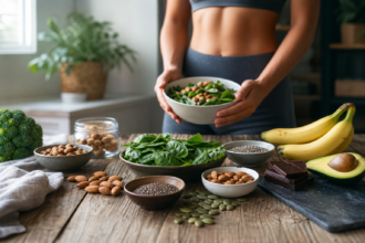 Healthy foods rich in magnesium including spinach, nuts, and fruits.