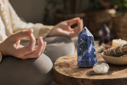 Meditácia s modrým sodalitom a relaxačnými kameňmi.