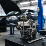 Regulátor turba v auto servise s automobilom v pozadí