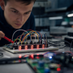 Mladý technik analyzuje 7-segmentový displej v laboratóriu