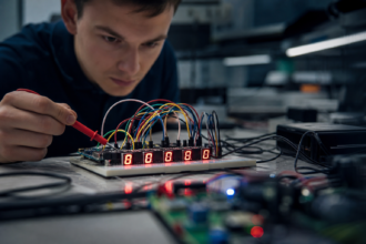 Mladý technik analyzuje 7-segmentový displej v laboratóriu