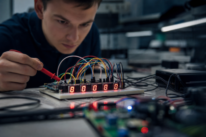 Mladý technik analyzuje 7-segmentový displej v laboratóriu