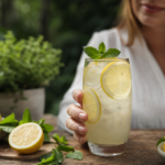 Osviežujúca limonáda s citrónom a mätou v sklenenom pohári.