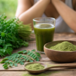 Prášok moringa a nápoj z moringy na drevenom stole