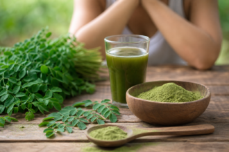 Prášok moringa a nápoj z moringy na drevenom stole
