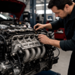 Mechanik pracuje na motore Honda VTEC v servise.