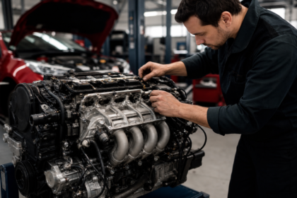 Mechanik pracuje na motore Honda VTEC v servise.