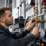 Technik nastavuje trojcestný ventil v priemyselných zariadeniach