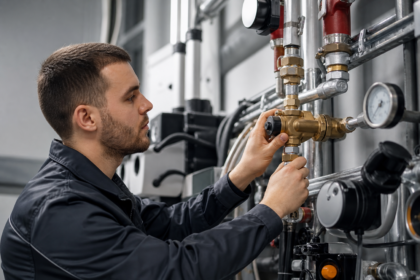 Technik nastavuje trojcestný ventil v priemyselných zariadeniach