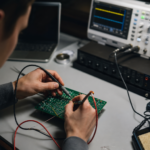 Muž pracujúci na elektronickej doske s tranzistorom v laboratóriu