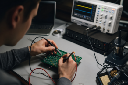Muž pracujúci na elektronickej doske s tranzistorom v laboratóriu
