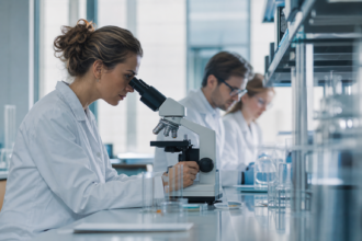 Laborantka pozoruje vzorku pod mikroskopom v modernej laboratóriu.