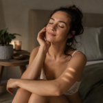 Žena v spálni prežívajúca relaxáciu a sebapoznanie.