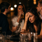 Žena v bare so skleneným pohárom, trpiaca účinkami alkoholu.