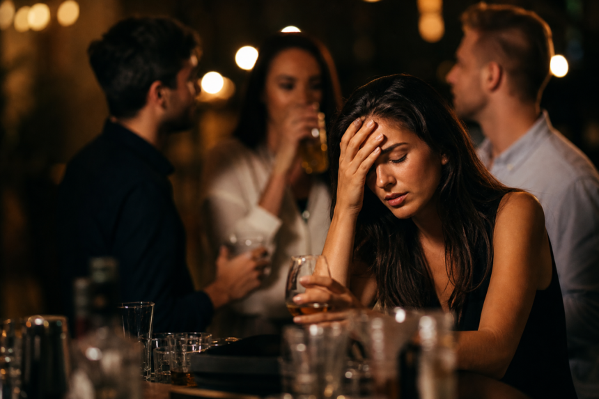 Žena v bare so skleneným pohárom, trpiaca účinkami alkoholu.