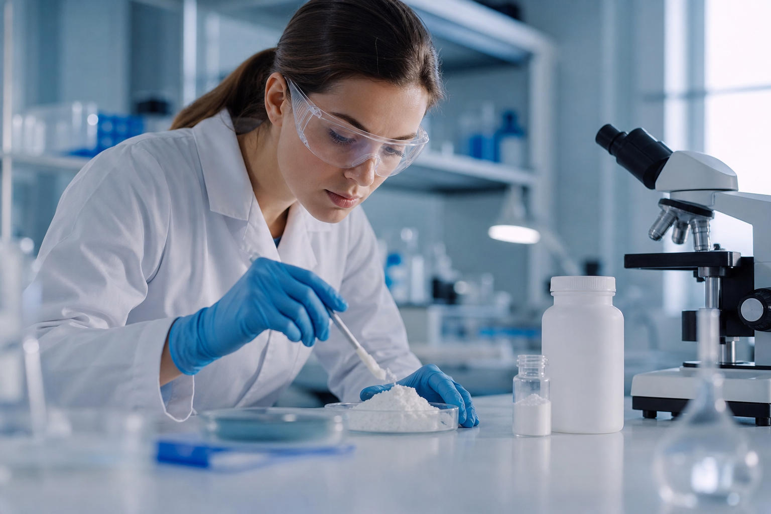Vedkyňa skúma AM prášok v laboratóriu na analýzu.