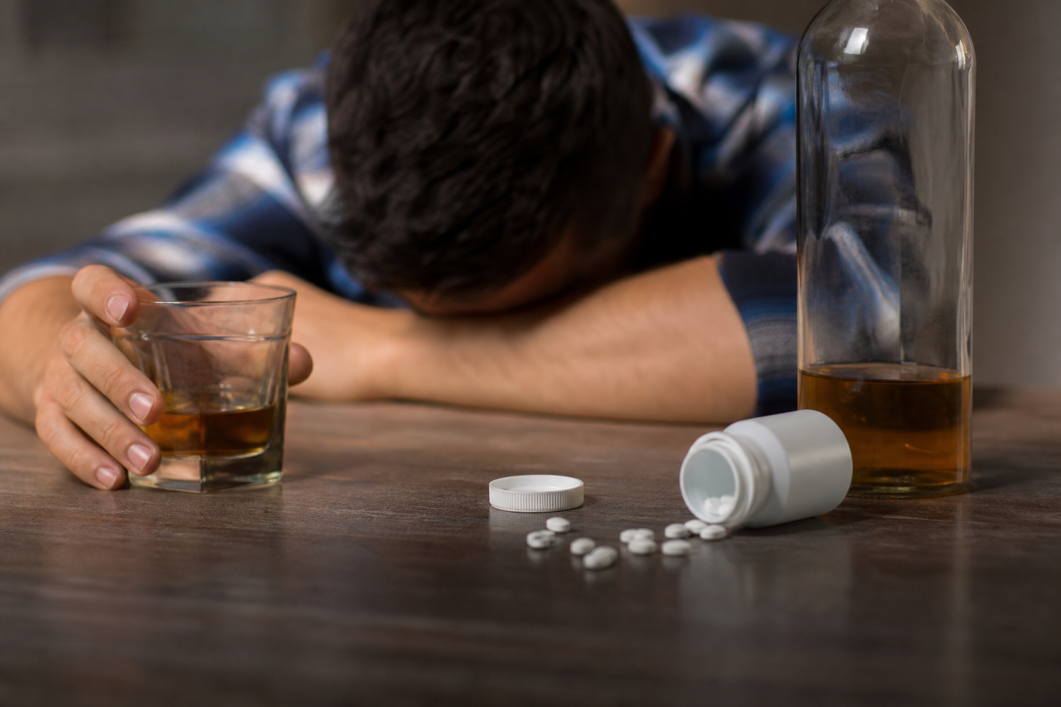 Muž so sklopenou hlavou, pohár s alkoholom a lieky na stole